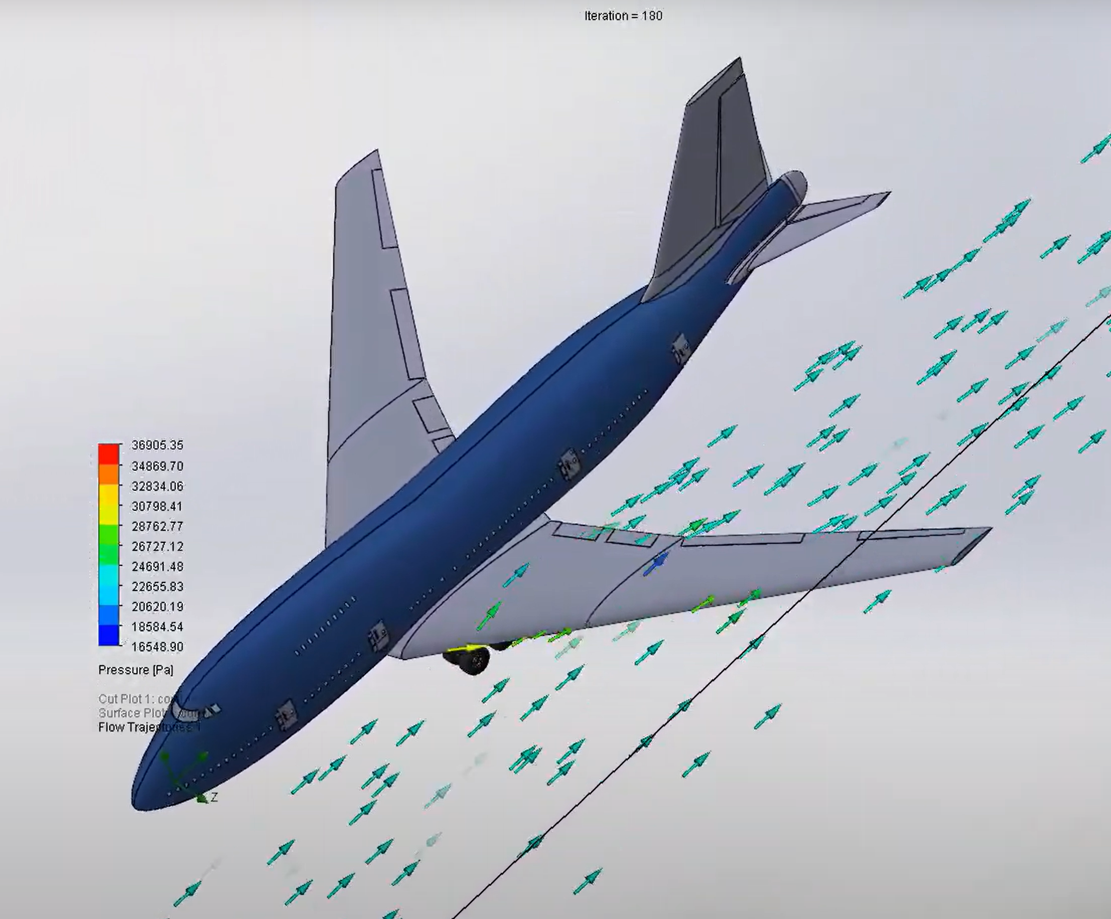 A CAD model of a boeing 747-8 with a fluid simulation run on the wing.