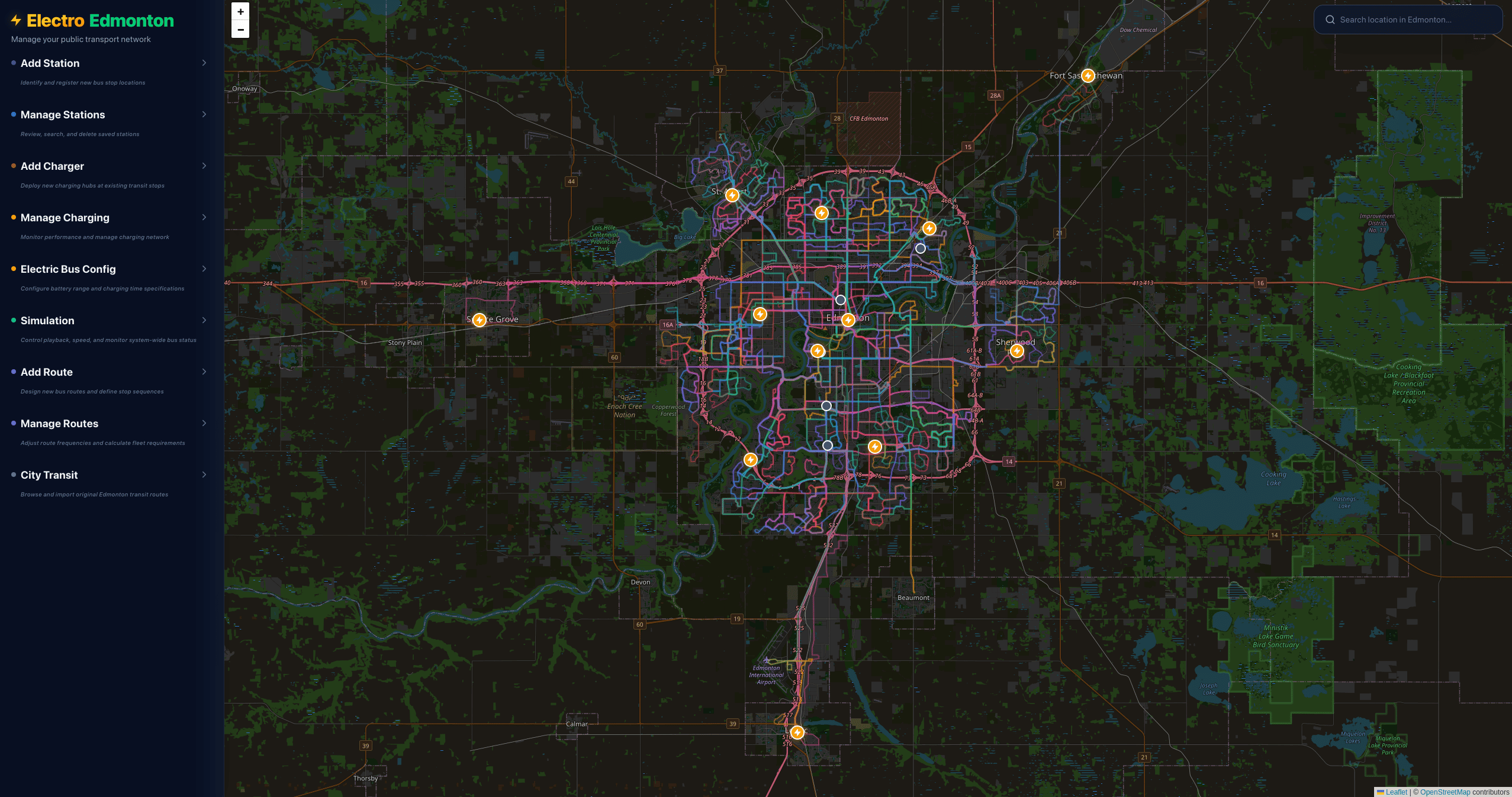 A bus management system interface showing electric charging locations on a map.