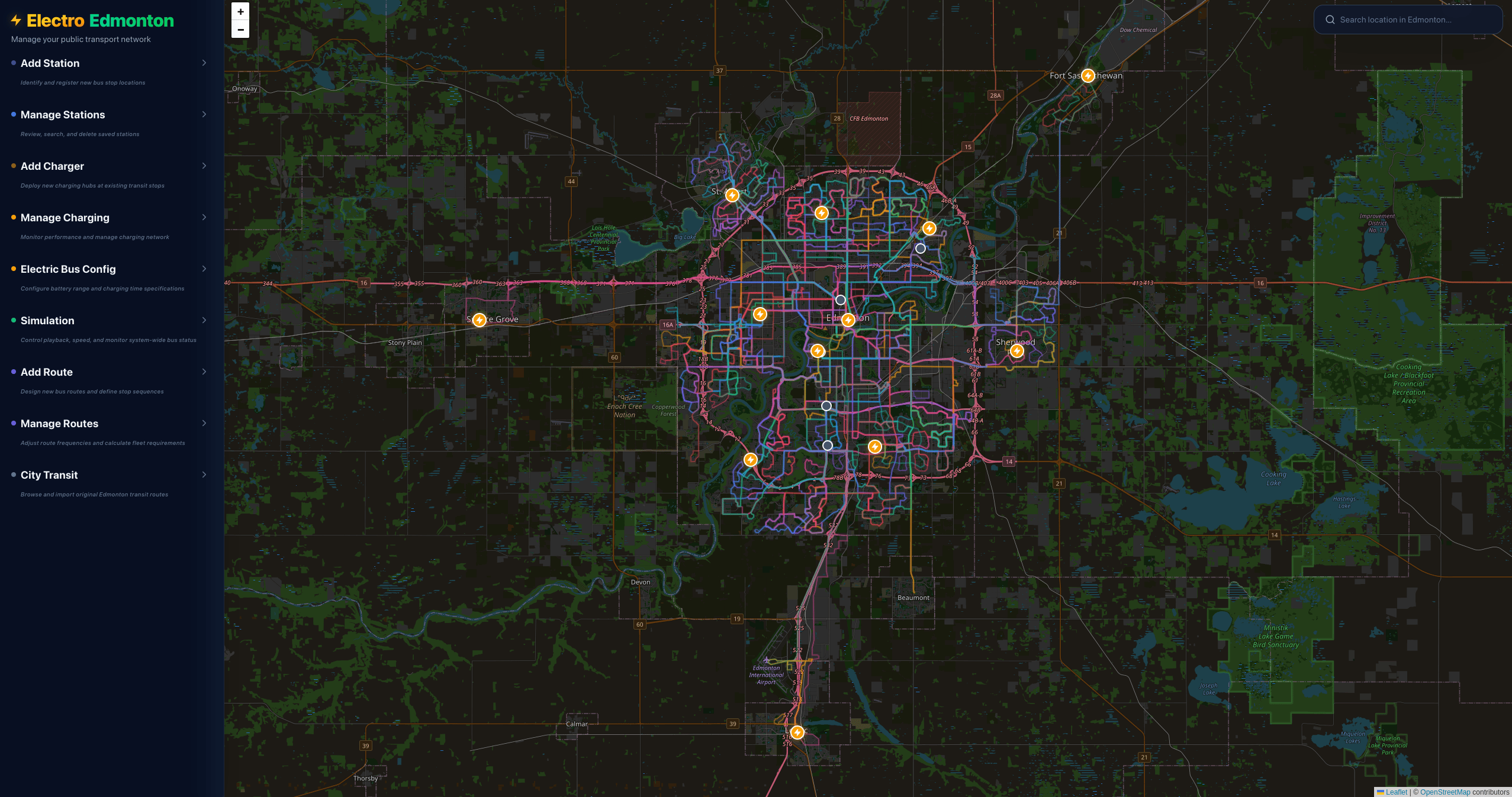 A bus management system interface showing electric charging locations on a map.