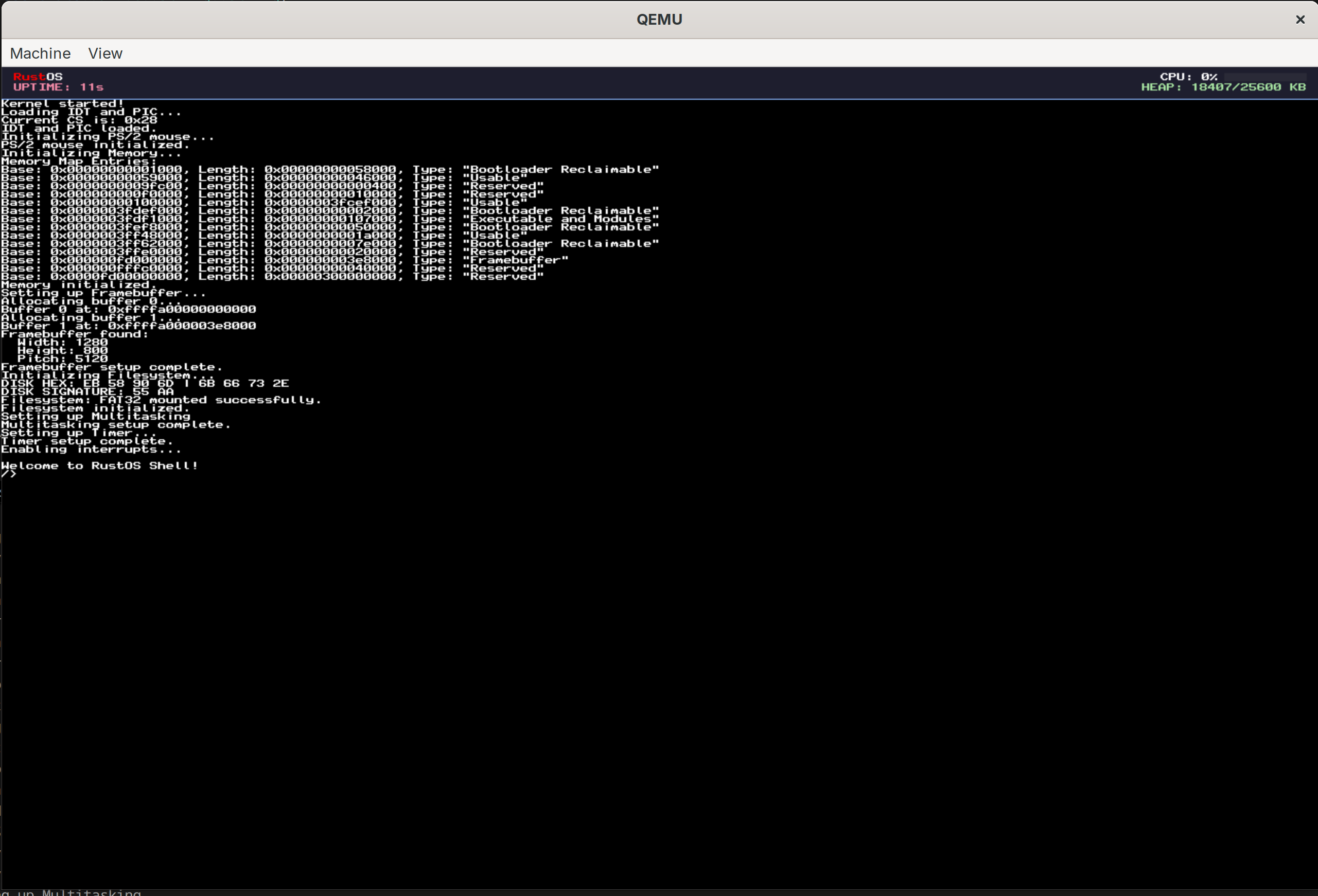 A modern boot terminal showing technical debug logs for 'RustOS' including GDT, IDT, and Memory initialization.