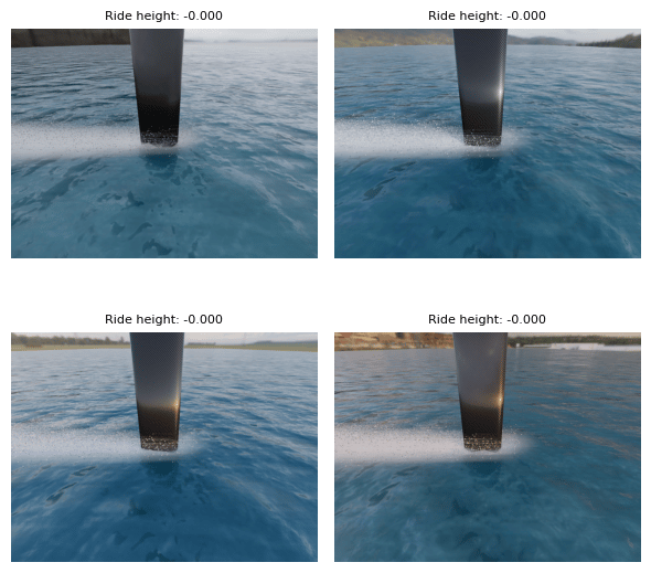 A simulated high-speed camera view of a hydrofoil mast cutting through aerated water.